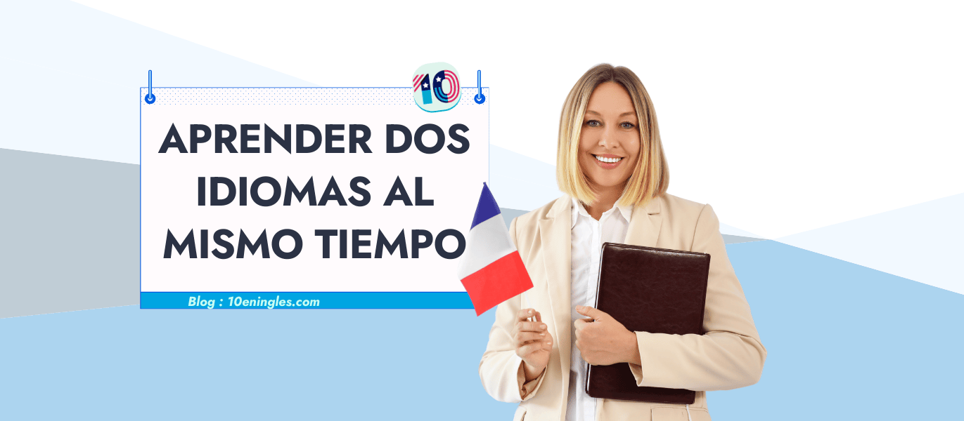 Mujer sonriente sosteniendo una bandera francesa y una carpeta, representando el aprendizaje de dos idiomas simultáneamente.