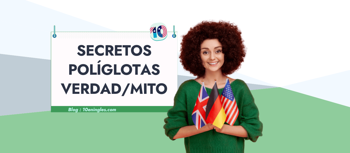 Mujer sonriente sosteniendo banderas de diferentes países, representando a una poliglota.