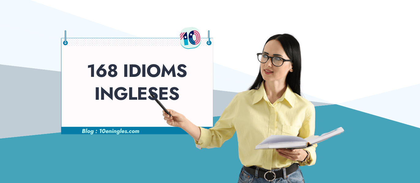Mujer enseñando una presentación con el título "168 Idioms Ingleses".