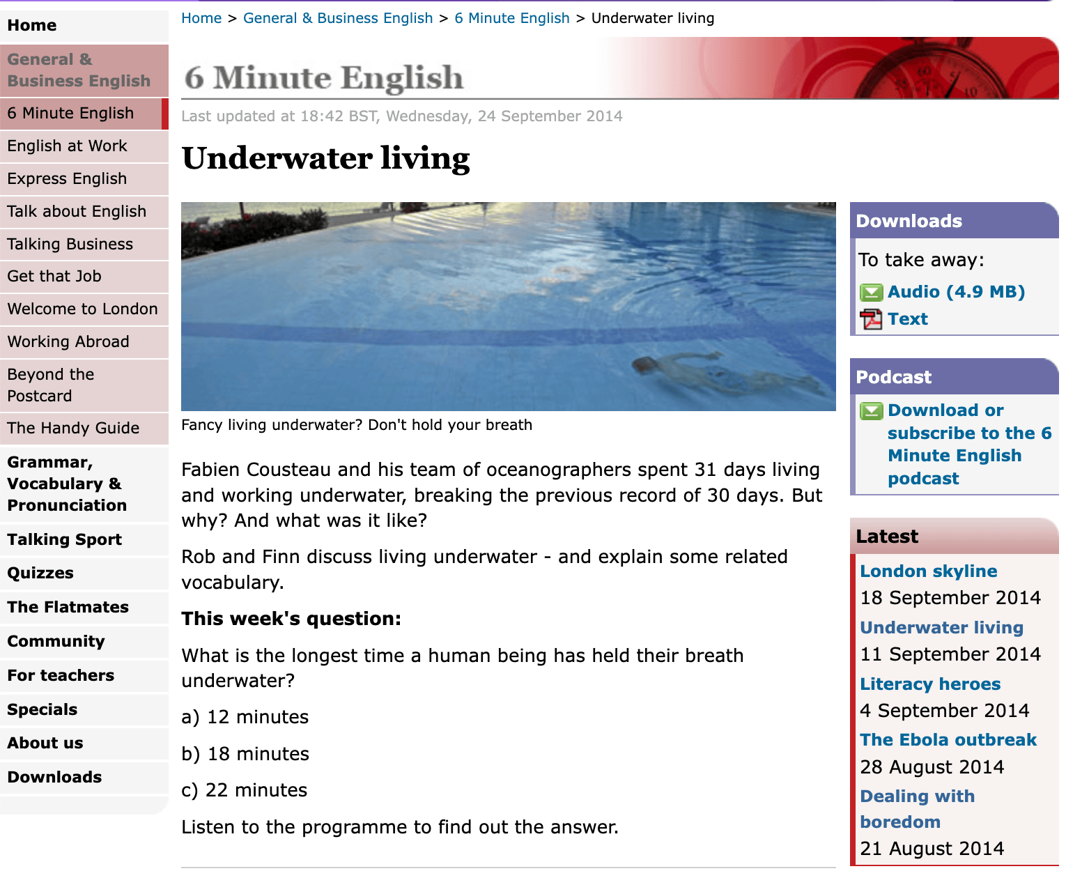 Captura de pantalla de la página web de 6 Minute English de la BBC, mostrando un episodio sobre la vida submarina.