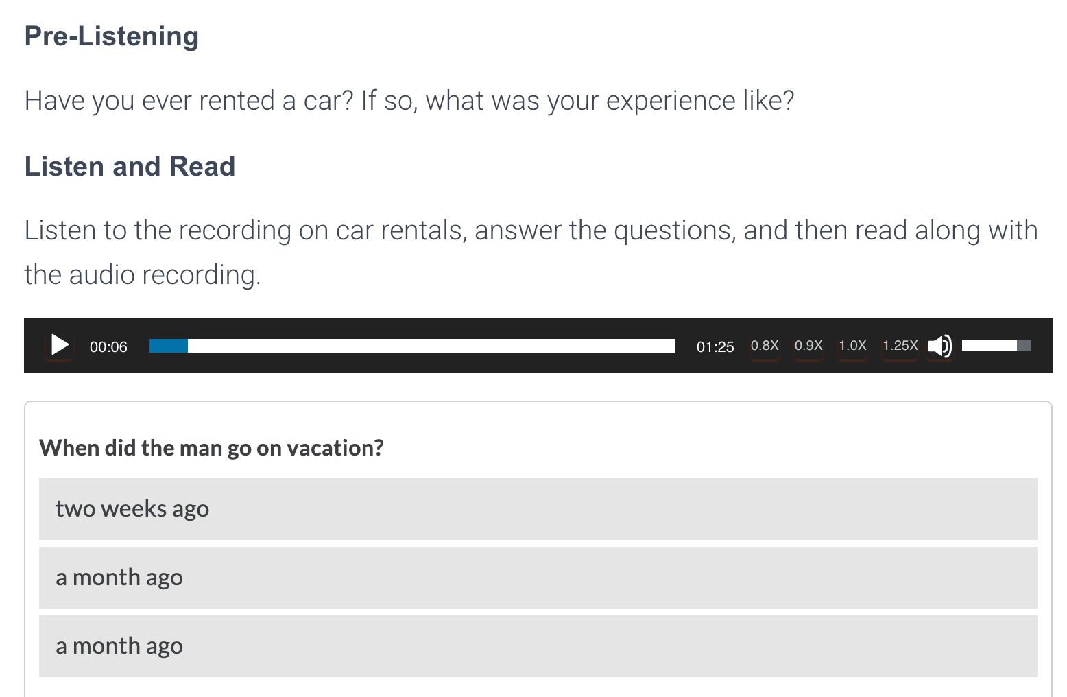 Captura de pantalla de un podcast de Daily ESL mostrando un reproductor de audio y preguntas de comprensión auditiva.