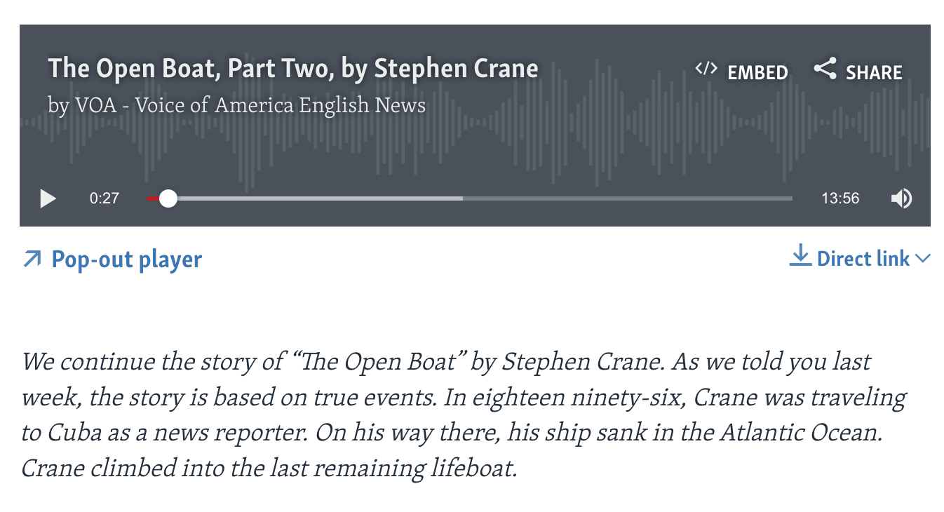 Reproductor de audio de un podcast de VOA Learning English, mostrando un episodio titulado "The Open Boat, Part Two".
