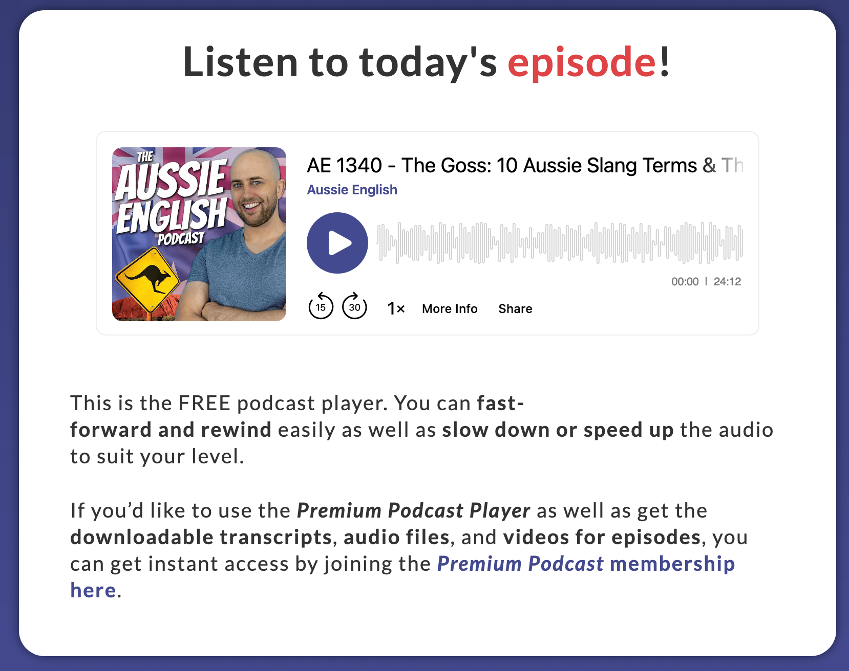 Reproductor de audio del podcast Aussie English mostrando un episodio sobre argot australiano.