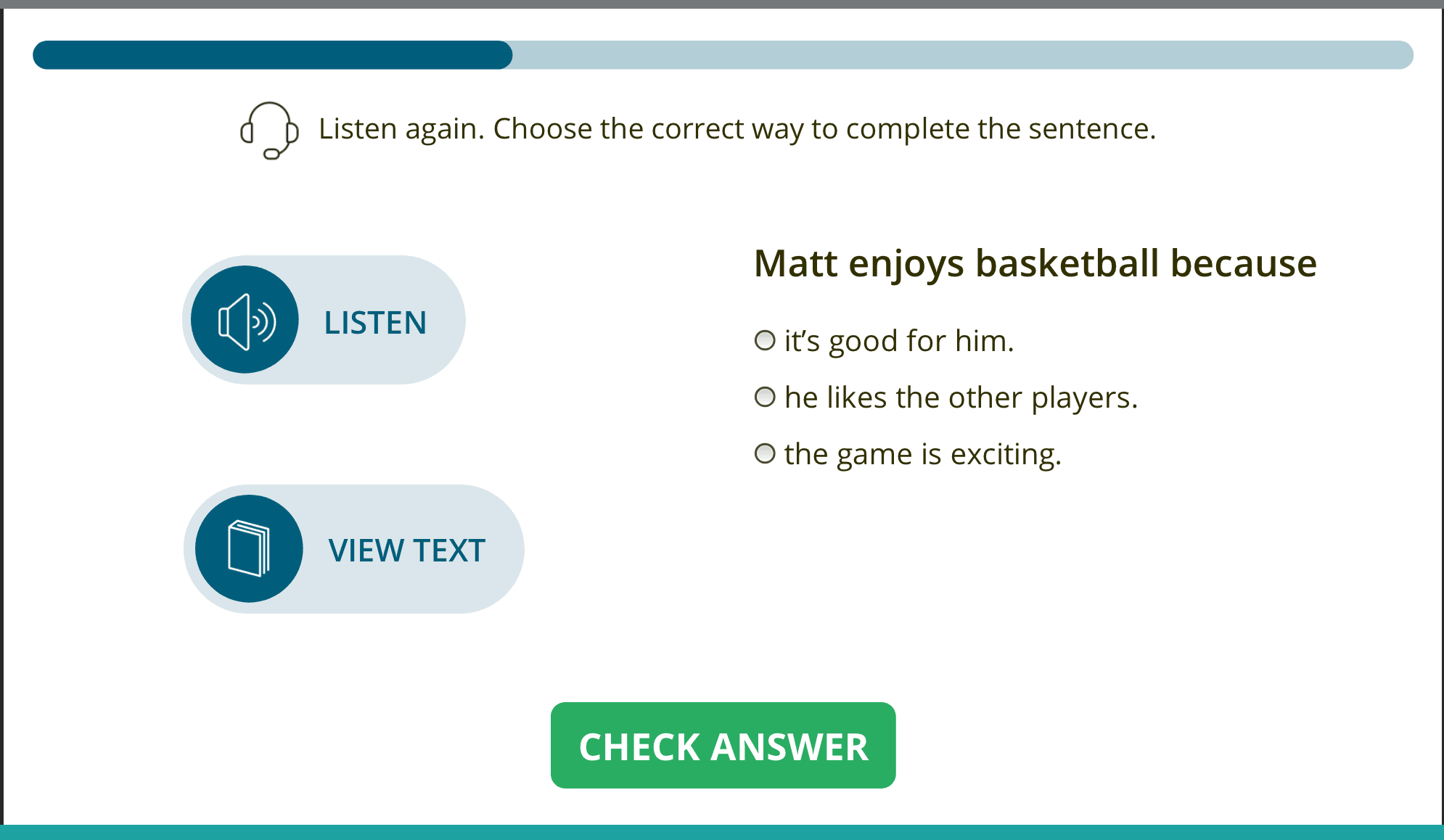 Ejemplo de una pregunta de comprensión auditiva en una prueba de vocabulario temático de Cambridge Assessment English.