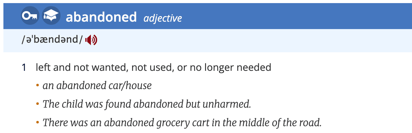 Captura de pantalla de la definición de la palabra "abandoned" en el diccionario Oxford Learners Dictionaries.