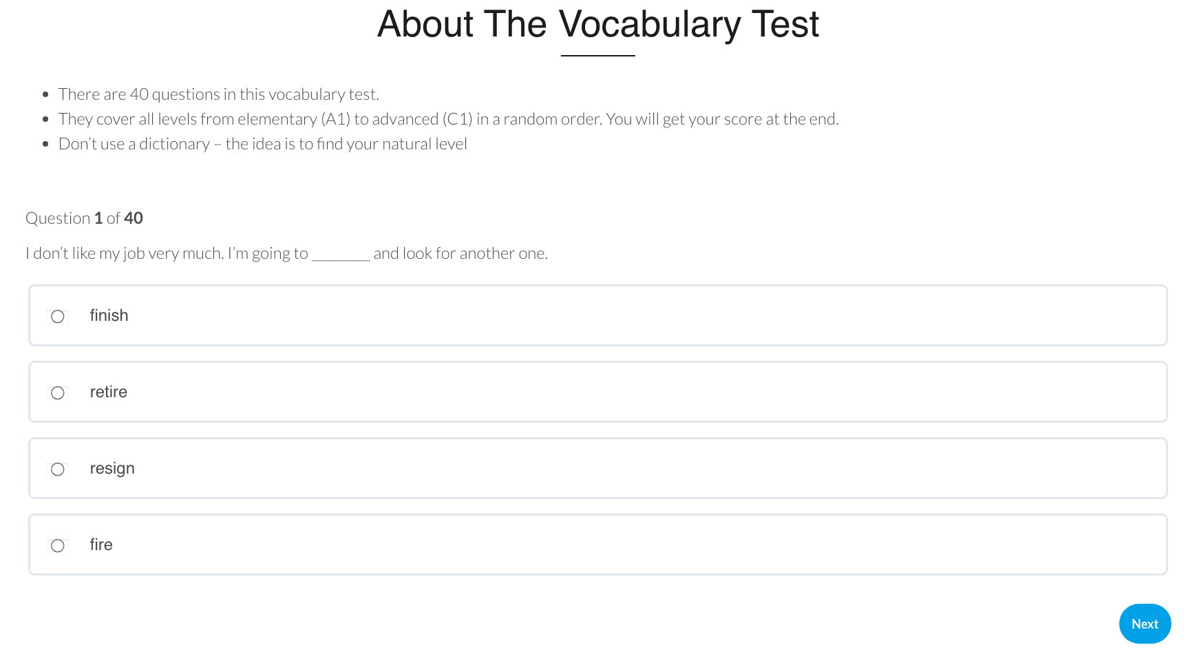 Ejemplo de una pregunta de una prueba de vocabulario de Oxford English Dictionary, con opciones múltiples para completar una frase.