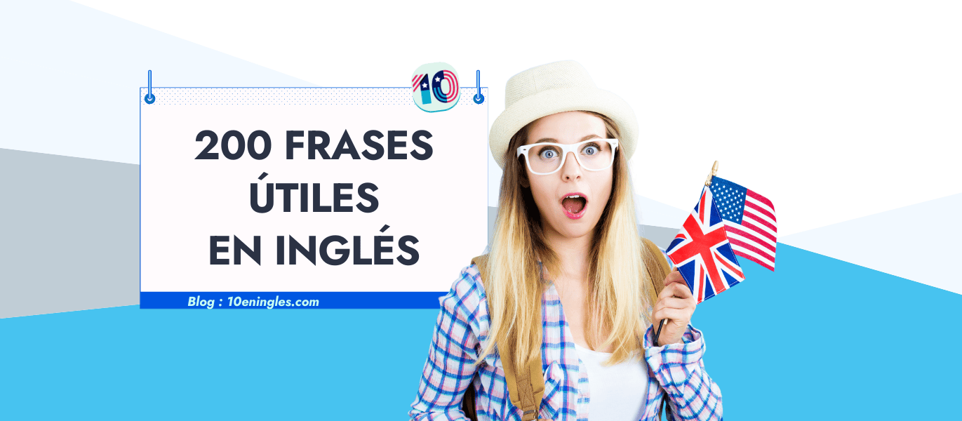 Mujer joven sorprendida sosteniendo banderas de Estados Unidos y Reino Unido, con un cartel que anuncia 200 frases útiles en inglés.