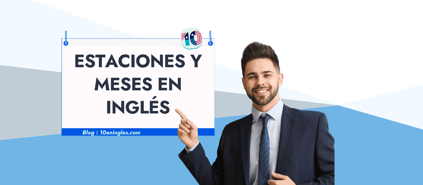 Hombre de negocios señalando un cartel con las palabras "Estaciones y meses en inglés".