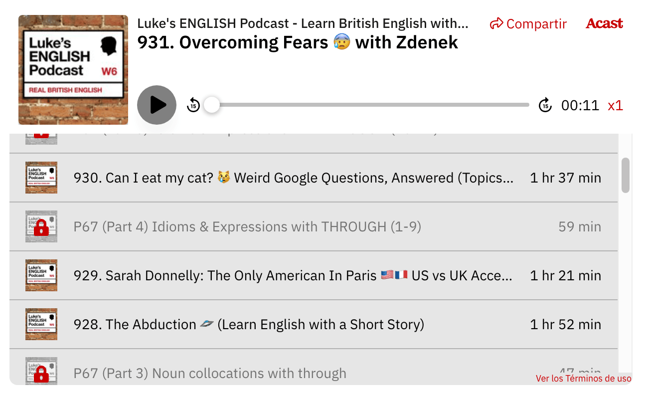 Captura de pantalla de la aplicación de Luke's English Podcast mostrando el episodio 931, "Overcoming Fears".