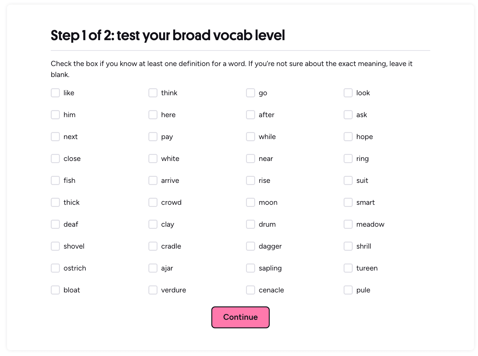 Captura de pantalla de un test de vocabulario inglés online.