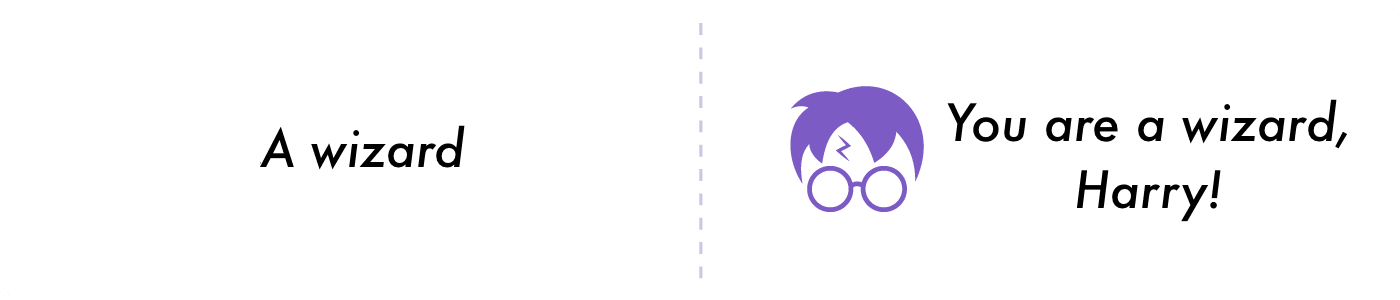 Tarjeta de vocabulario inglés que muestra la palabra "wizard" en una frase: "You are a wizard, Harry!".