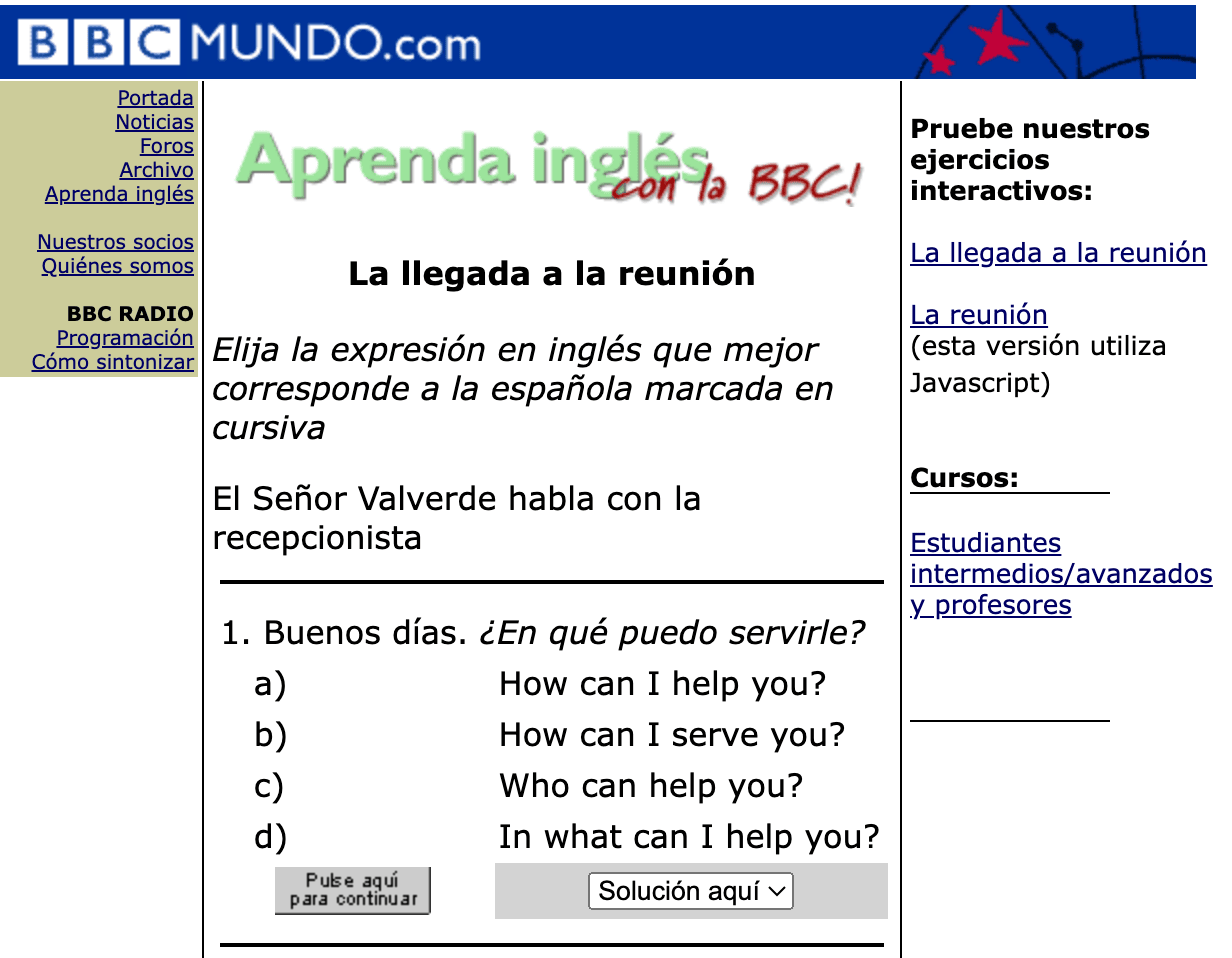 Captura de pantalla de un ejercicio interactivo de la sección de aprendizaje de inglés de BBC Mundo.