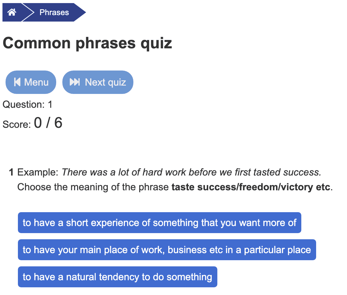 Captura de pantalla de un cuestionario de frases comunes en inglés de Longman Quiz, mostrando una pregunta de opción múltiple.