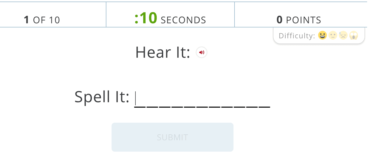 Captura de pantalla de un test de vocabulario de Merriam-Webster donde se debe deletrear una palabra tras escucharla.