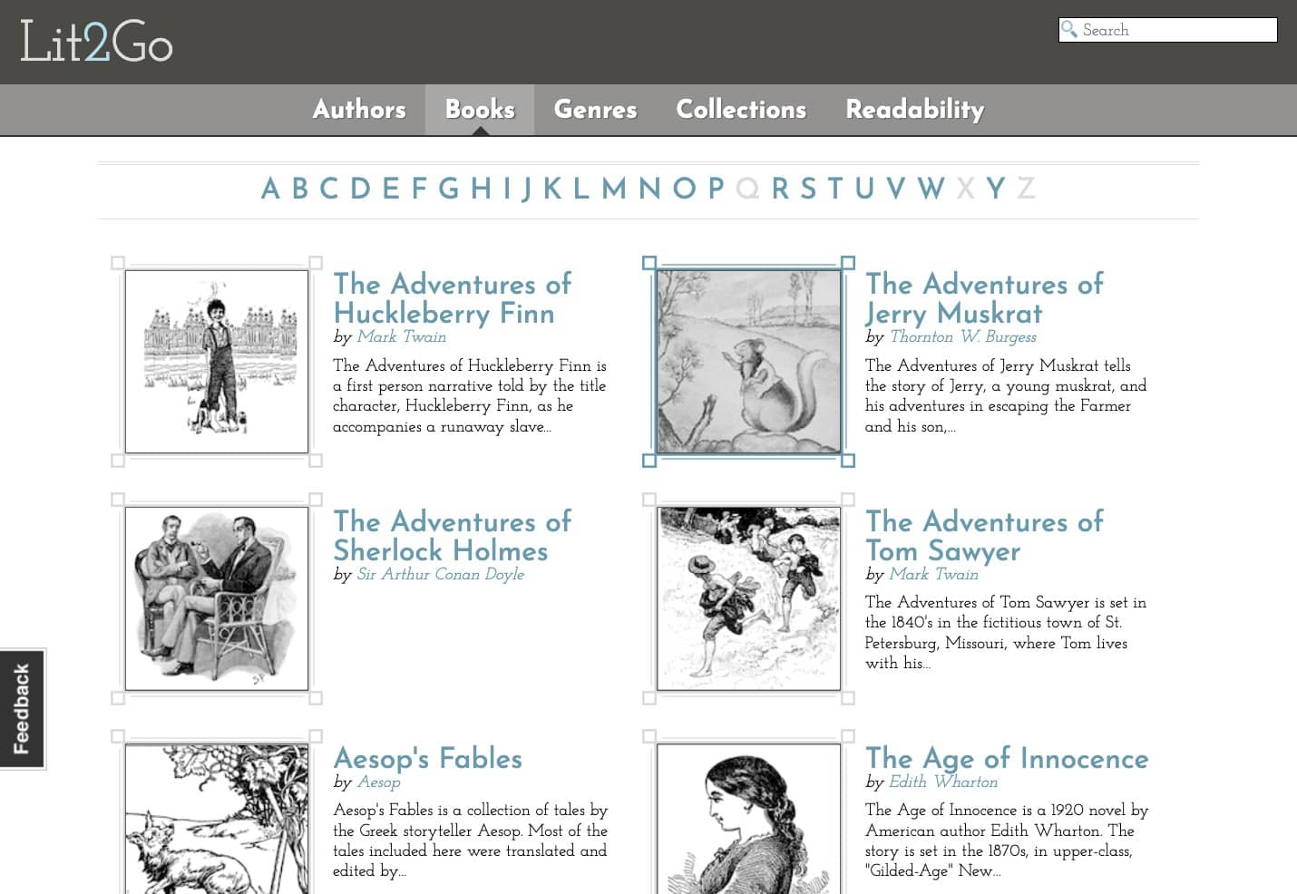 Captura de pantalla de Lit2Go mostrando una lista de libros clásicos con ilustraciones, ofreciendo acceso a textos y posiblemente audiolibros para aprender inglés.