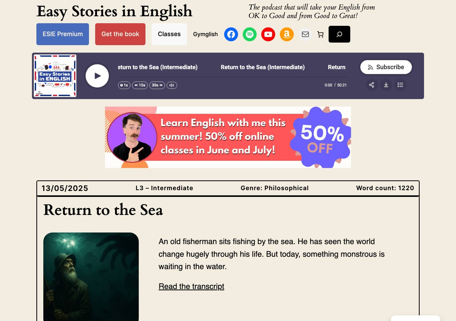 Captura de pantalla de Easy Stories in English mostrando una historia de nivel intermedio titulada "Return to the Sea", con opciones de audio y transcripción, además de un banner promocional para clases de inglés online.