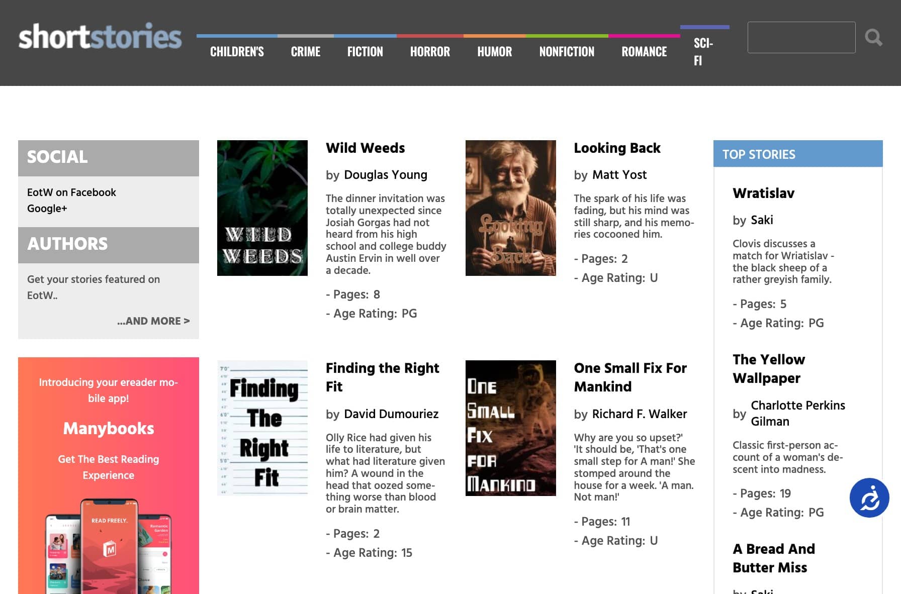 Captura de pantalla del sitio web Short Stories, mostrando una variedad de cuentos cortos con sus títulos, autores, número de páginas y clasificación por edad.