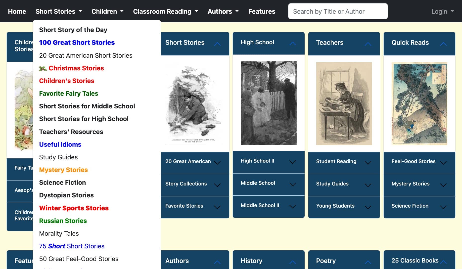 Captura de pantalla de un sitio web que ofrece una colección de cuentos cortos, clasificados por género, nivel de lectura y temática (incluyendo cuentos americanos).