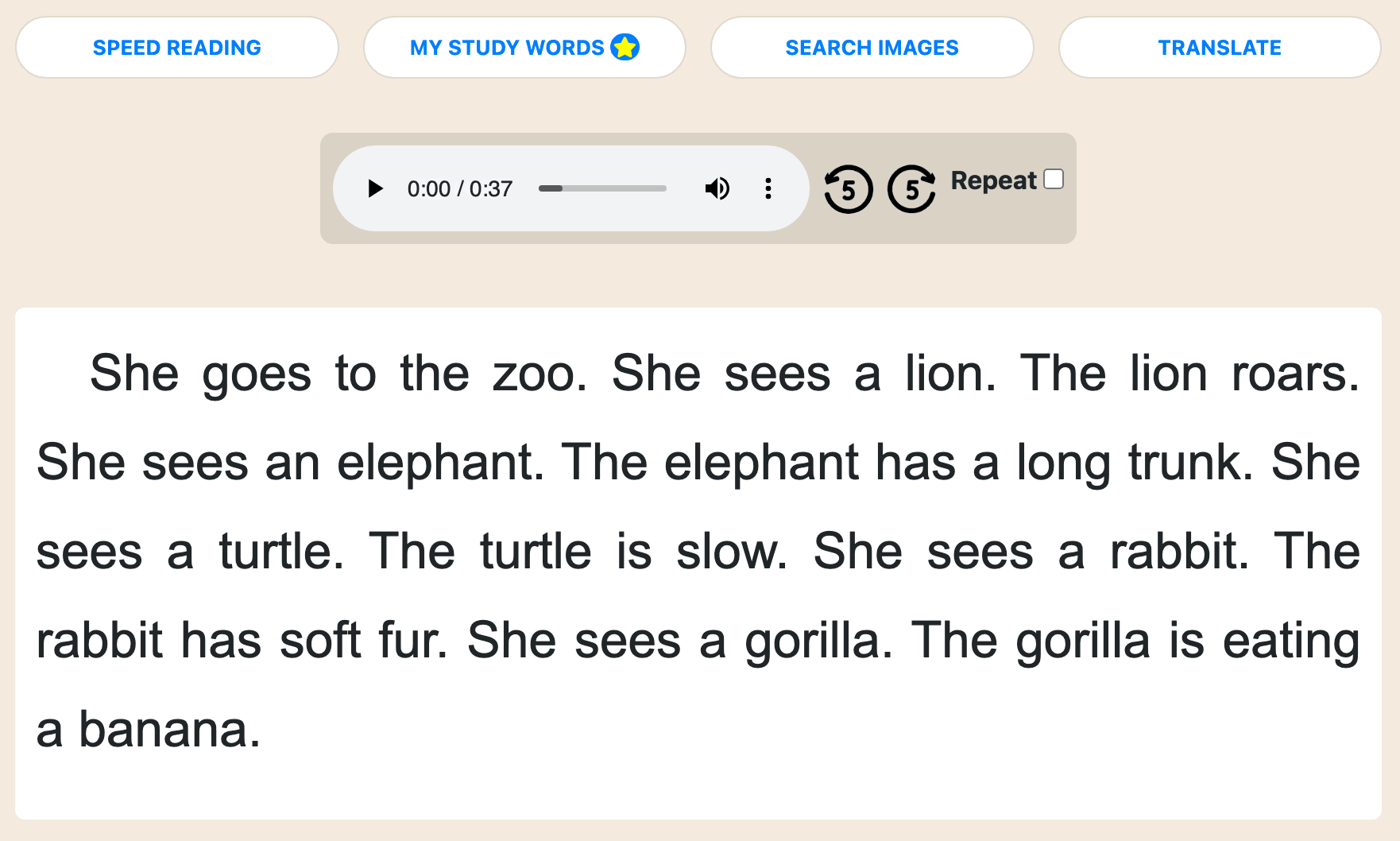 Captura de pantalla de una historia corta en inglés sobre una visita al zoológico, en un sitio web con funciones de lectura acelerada, palabras para estudiar y traducción.