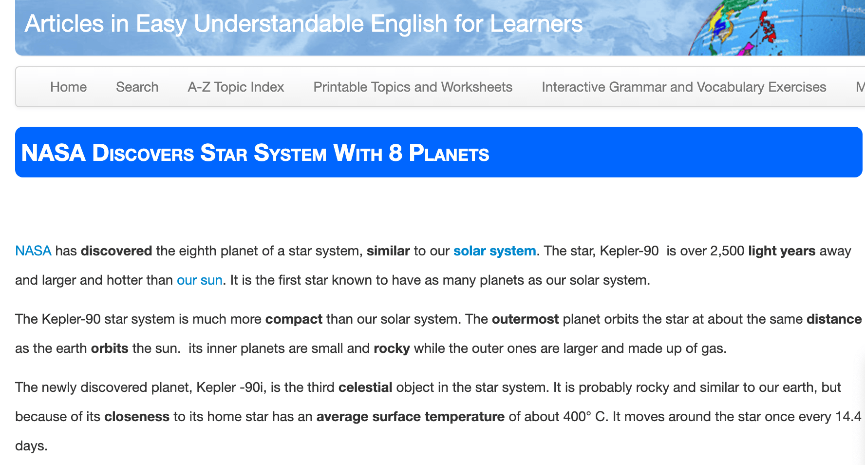 Captura de pantalla de un artículo en inglés sencillo sobre el descubrimiento de un sistema estelar por la NASA