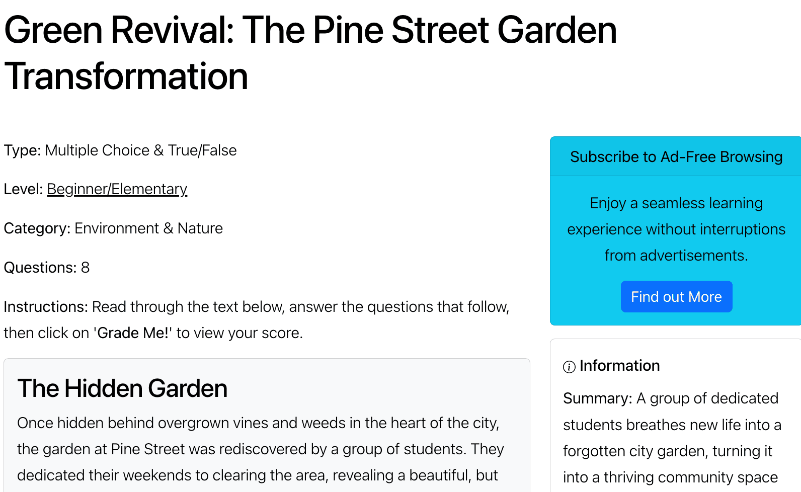 Captura de pantalla de una lección de UsingEnglish.com, mostrando un texto de nivel principiante/elemental sobre la restauración de un jardín y un cuestionario de opción múltiple