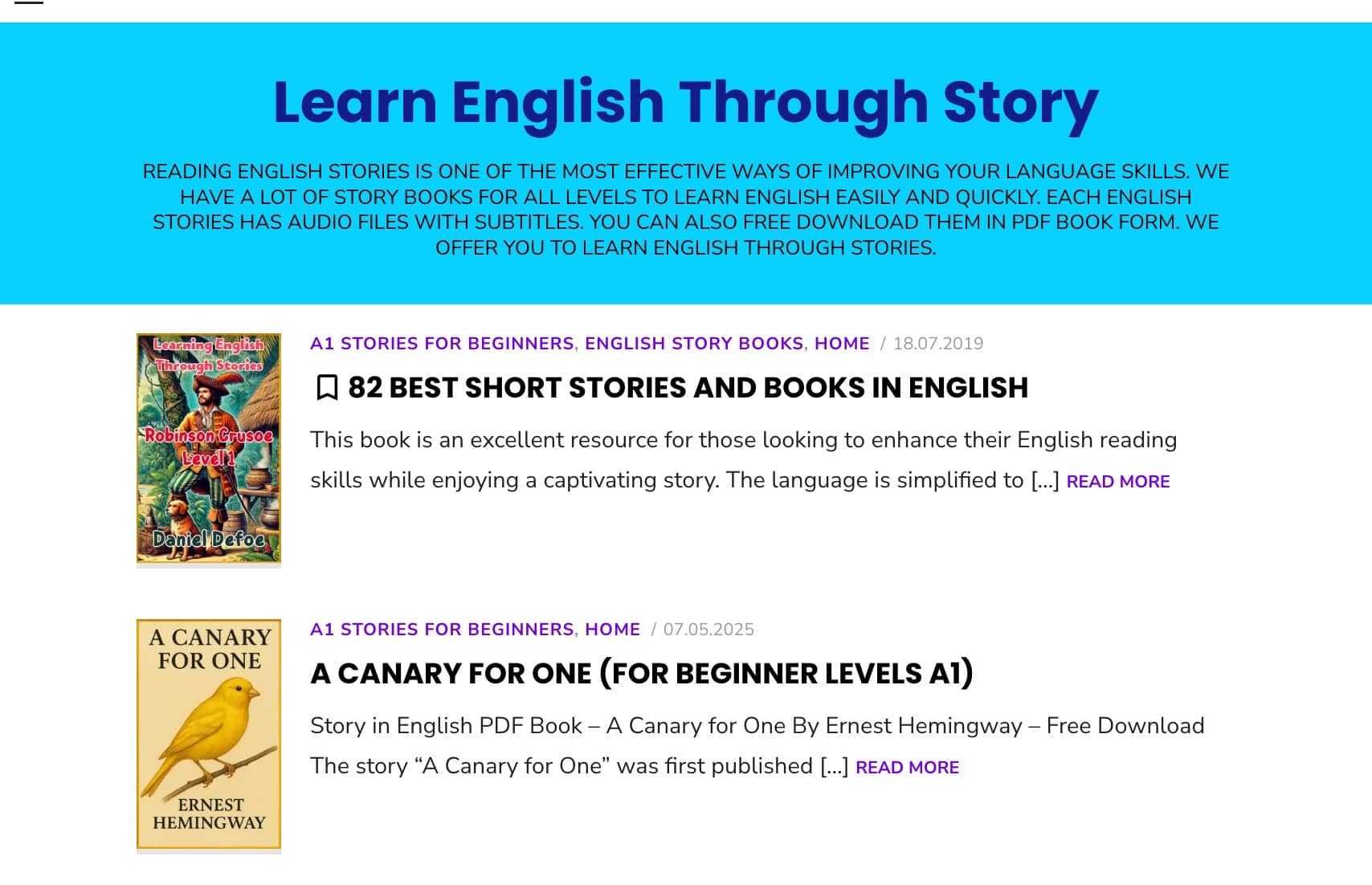 Captura de pantalla del sitio web Learn English Through Story, mostrando una selección de libros y cuentos cortos en inglés para principiantes, con la opción de descargarlos en PDF.