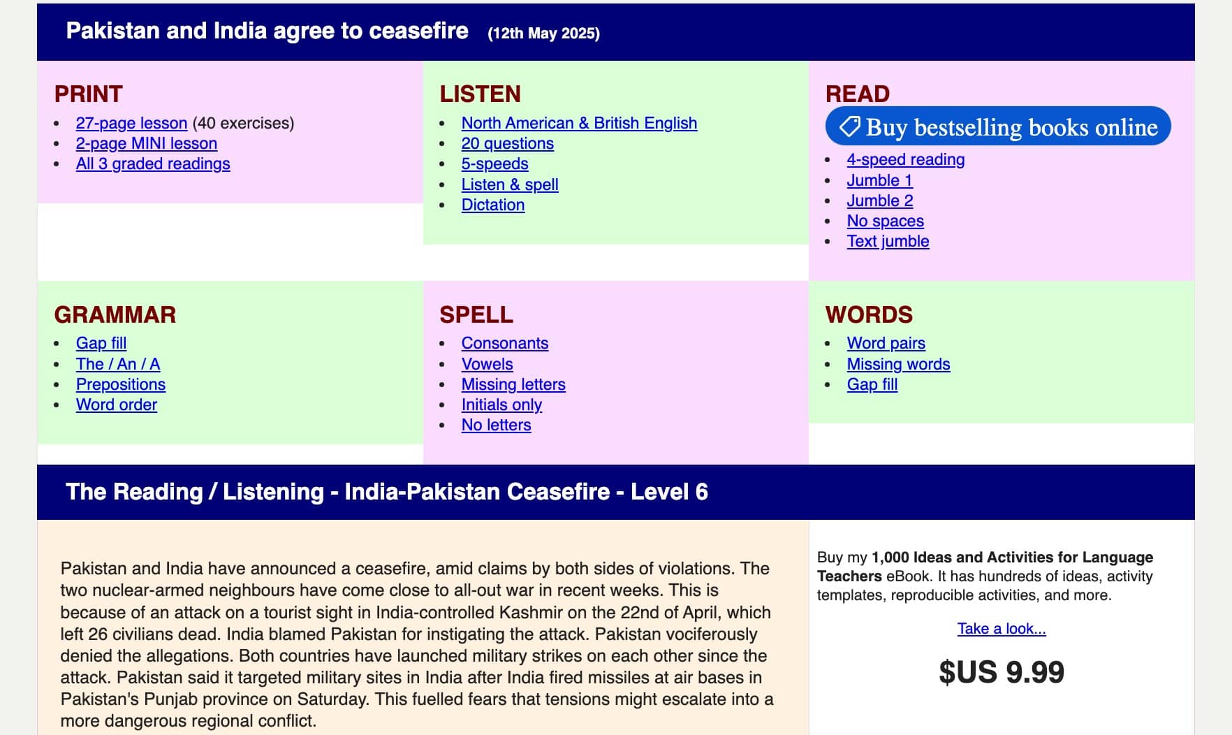 Captura de pantalla de una lección de Breaking News English sobre el cese al fuego entre Pakistán e India, mostrando opciones de ejercicios de lectura, escucha, gramática y vocabulario.