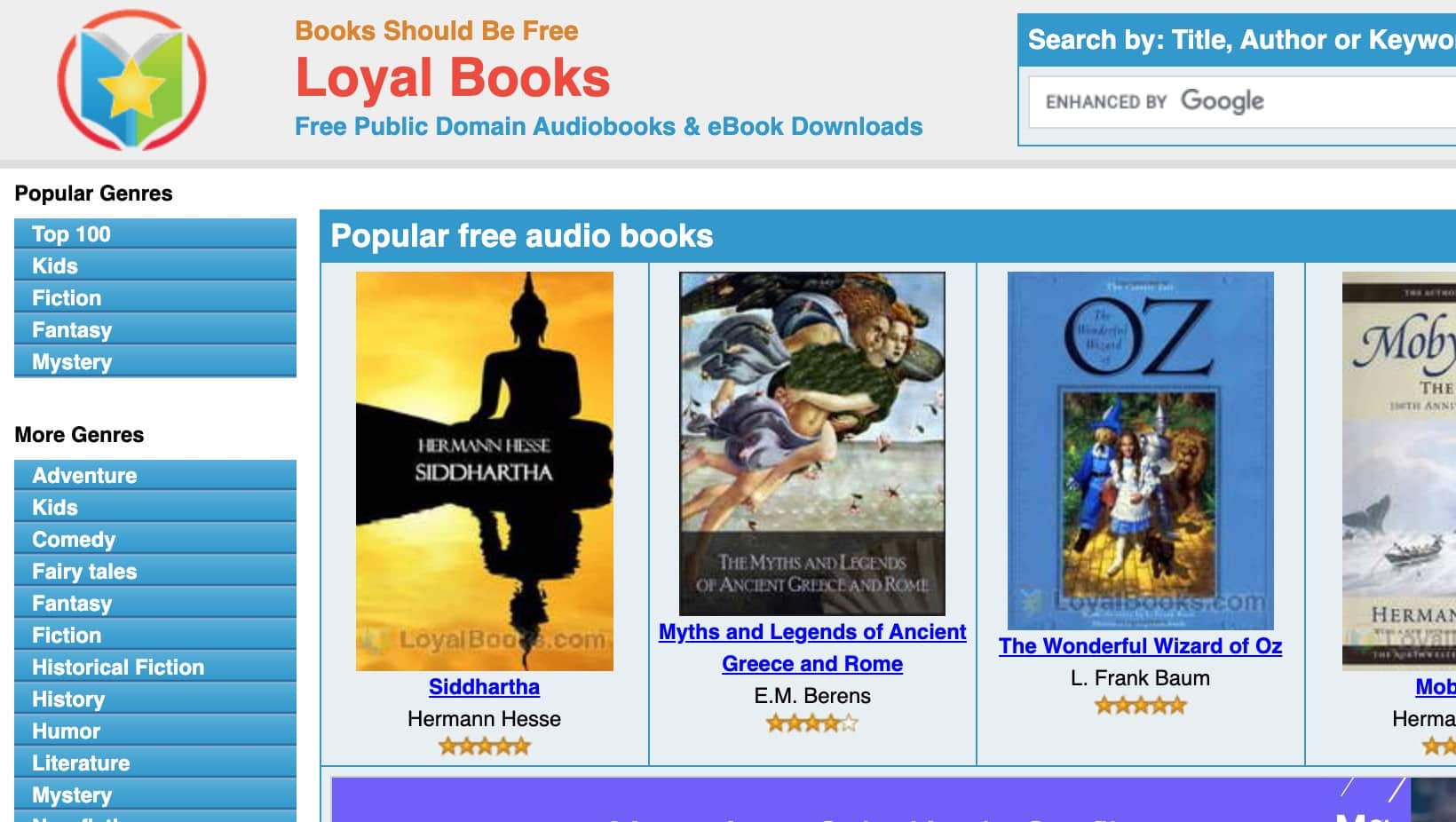 Captura de pantalla de Loyal Books mostrando una selección de audiolibros gratuitos de dominio público en diferentes géneros como fantasía, misterio y clásicos de la literatura.