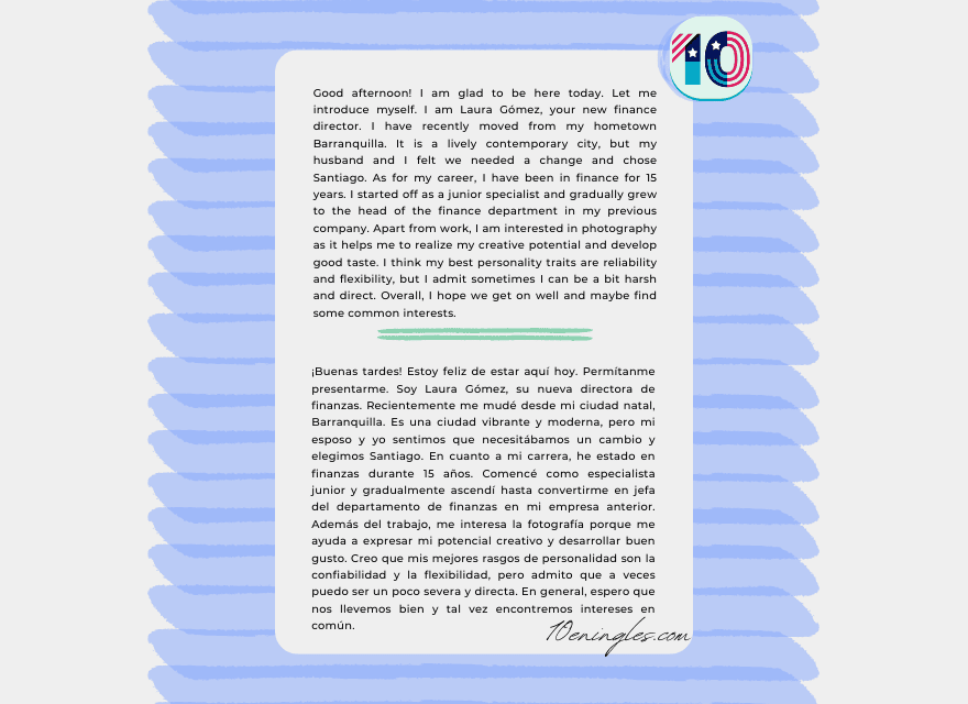 Imagen de una presentación profesional bilingüe (inglés y español) de Laura Gómez, una nueva directora de finanzas, donde se describe su trayectoria profesional y características personales.