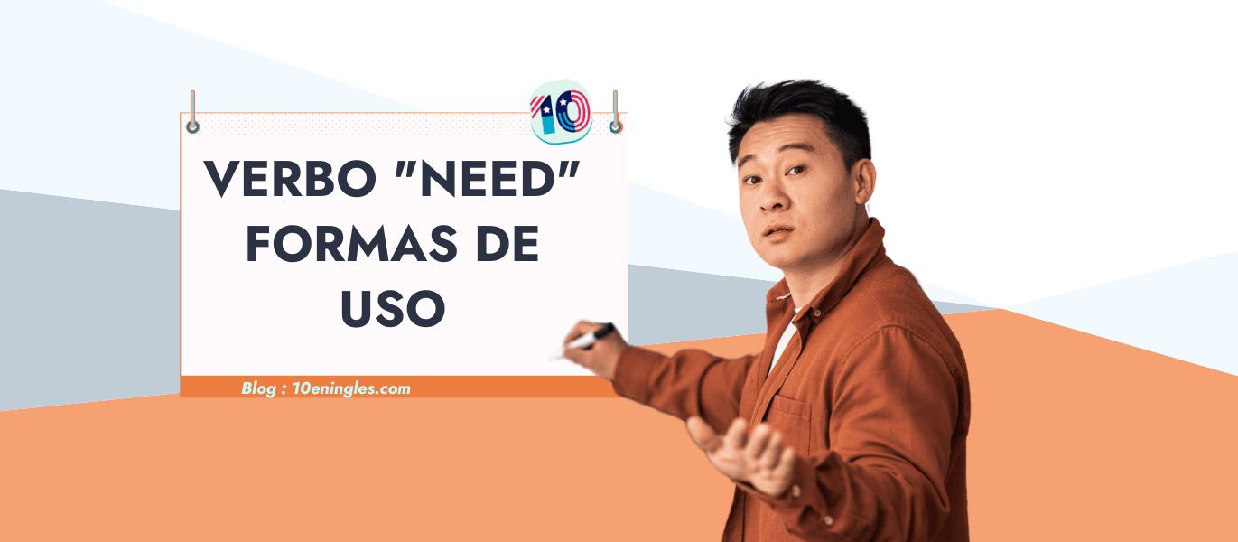 Un hombre explica las diferentes formas de usar el verbo "need" en inglés, con un cartel que dice "Verbo "Need" Formas de Uso".