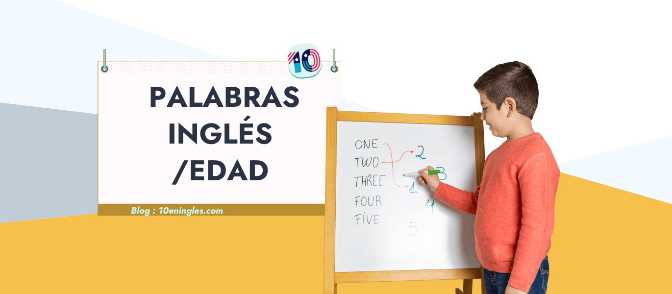 Un niño escribe números y palabras en inglés en una pizarra blanca. El texto "Palabras Inglés / Edad"