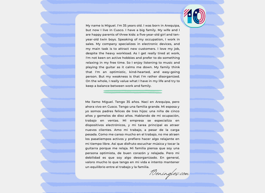 Imagen de una presentación personal en inglés y español de Miguel, un hombre de 35 años, que describe su familia, trabajo y hobbies.