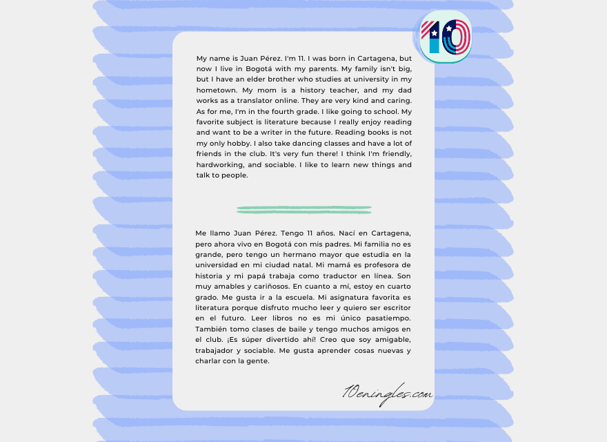 Imagen de una presentación escrita en inglés y español por un estudiante de primaria llamado Juan Pérez. 