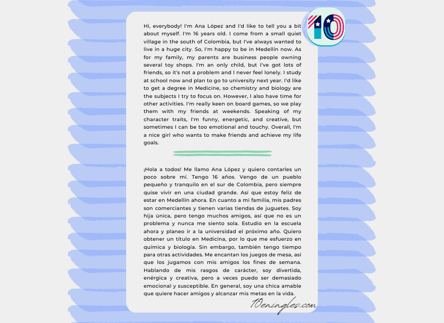 Imagen de una presentación personal bilingüe (inglés y español) de Ana López