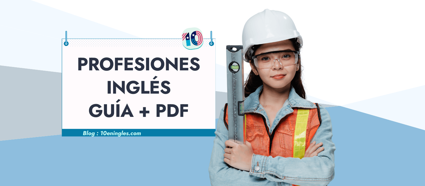 Mujer joven ingeniera con casco blanco y chaleco reflectante, sosteniendo un nivel de burbuja. Imagen relacionada con profesiones en inglés, guía y PDF descargable.