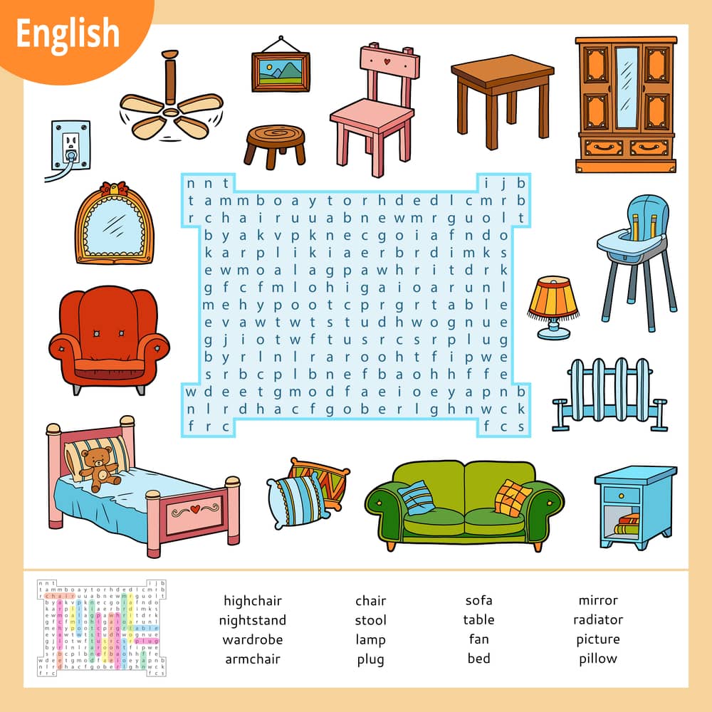 Sopa de letras en inglés con ilustraciones de muebles y objetos de una casa (cama, silla, sofá, lámpara, etc.) y una lista de vocabulario debajo.