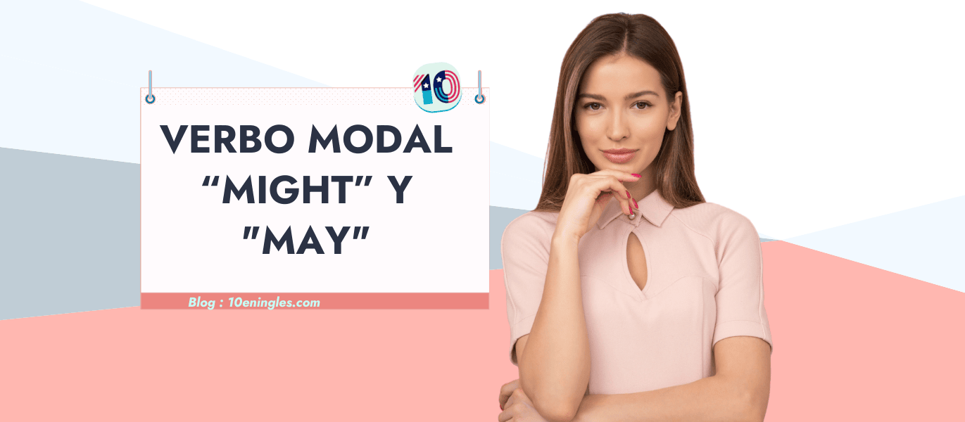 Una mujer joven, con una expresión pensativa, aparece junto a un cartel que dice "Verbo Modal "Might" y "May"".