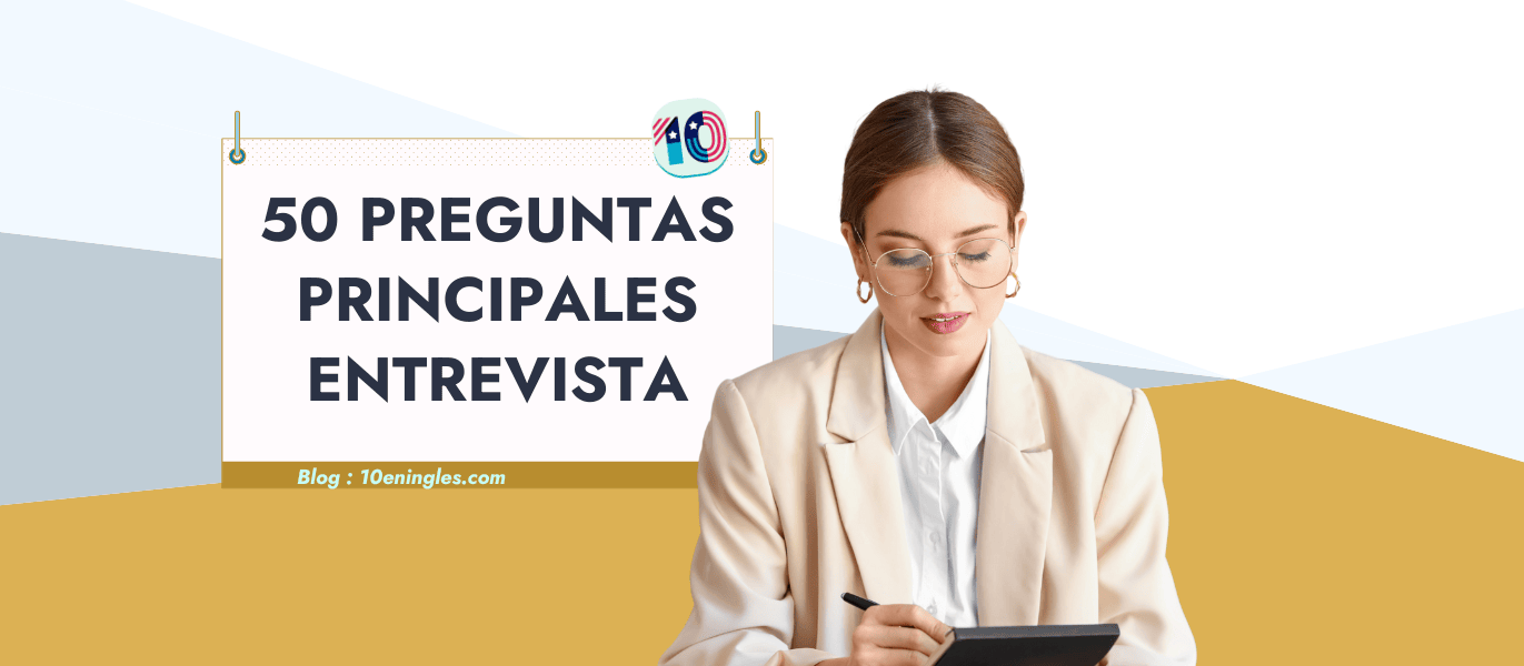 Mujer en traje beige escribiendo en un bloc de notas. Texto superpuesto: "50 Preguntas Principales Entrevista".