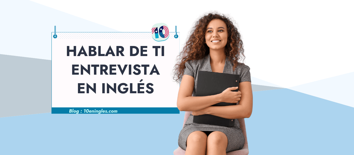 Una mujer de negocios con cabello rizado y un portafolio, sentada en una silla, sonriendo confiadamente. El texto "Hablar de Ti Entrevista en Inglés" está superpuesto.