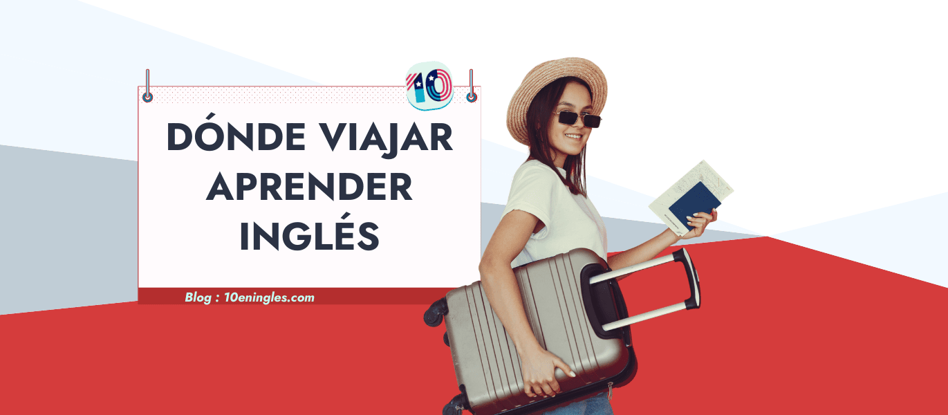 Mujer sonriente con maleta y pasaporte, lista para viajar y aprender inglés en el extranjero. Ideal para mejorar el idioma a través de la inmersión cultural.