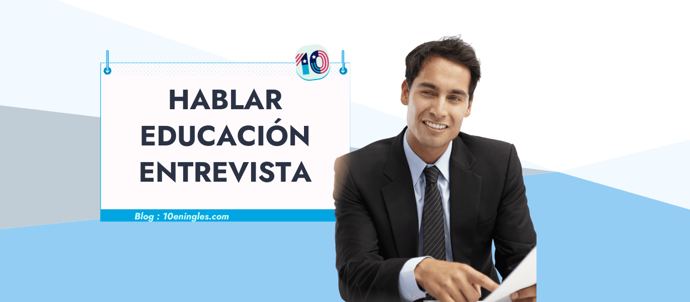 Un hombre de negocios sonriente revisando documentos. Texto superpuesto: "Hablar Educación Entrevista".