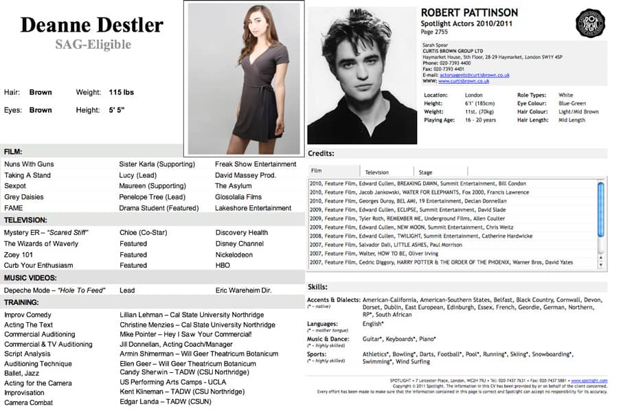 Ejemplos de currículums vitae en inglés de actores, mostrando sus datos personales, experiencia en cine, televisión y otras habilidades.