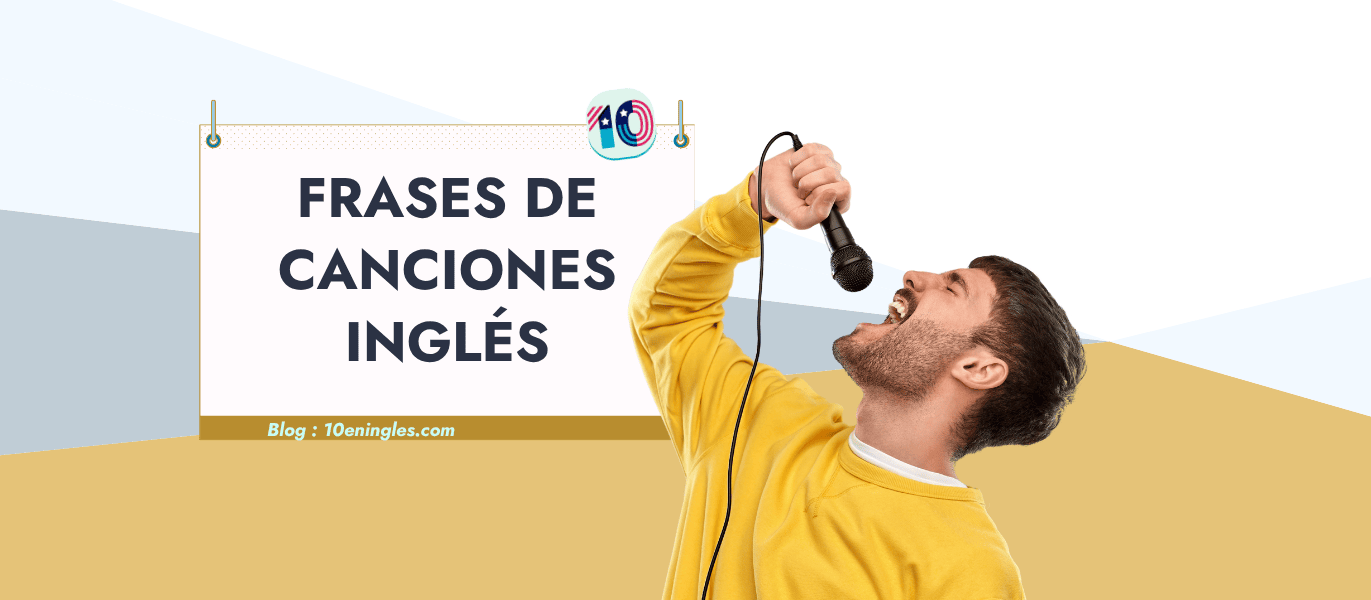 Un hombre canta apasionadamente en un micrófono junto a un cartel que dice "FRASES DE CANCIONES INGLÉS".