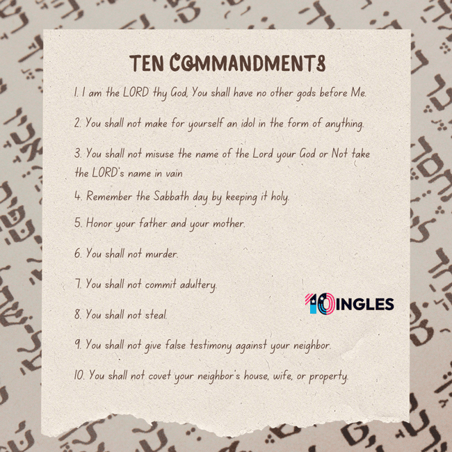 Lista de los 10 mandamientos en inglés, ideal para practicar vocabulario y comprensión en el idioma.