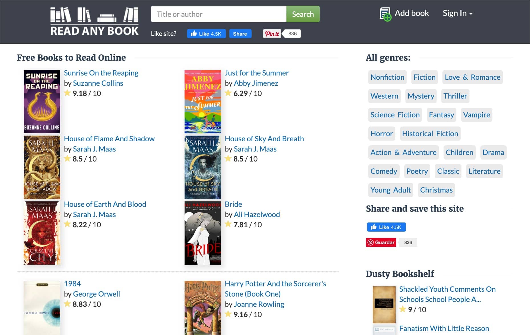 Página principal de Read Any Book, plataforma para descargar libros en inglés de diversos géneros. 
