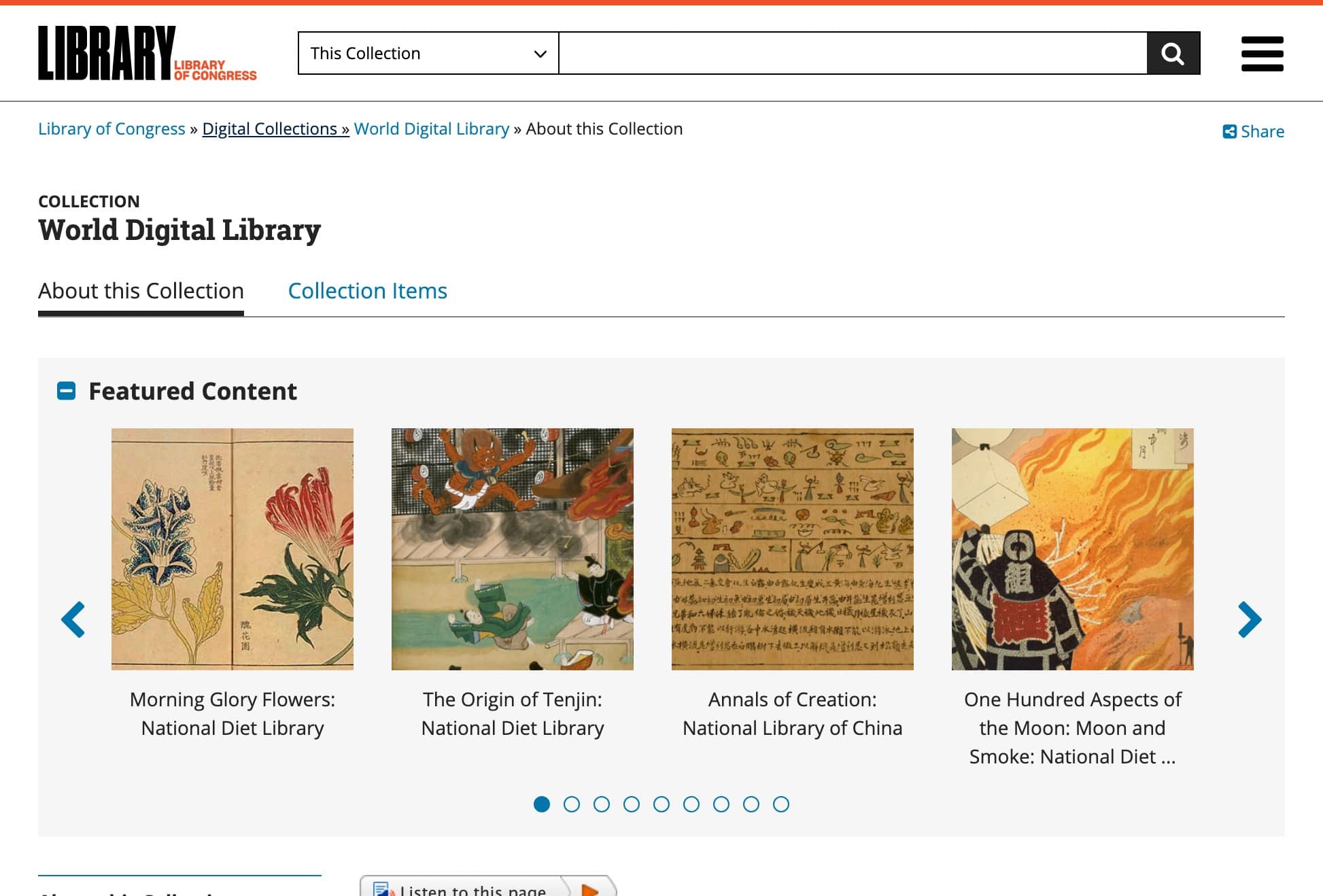 Interfaz de World Digital Library para descargar libros en inglés. Explora la colección digital de la Biblioteca del Congreso.