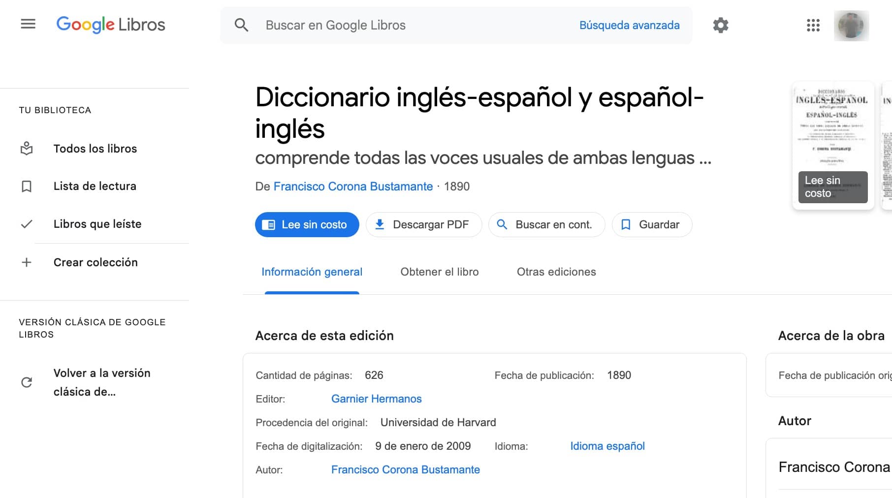 Interfaz de Google Libros con la opción de descargar un diccionario inglés-español. Descarga libros en inglés.