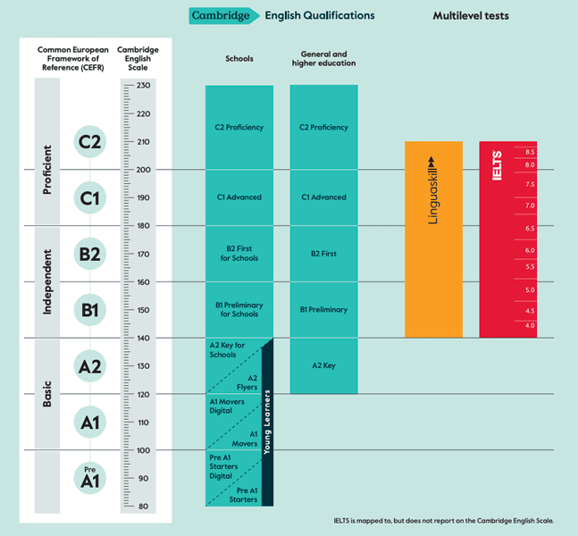 Diagrama del Marco Común Europeo de Referencia para las Lenguas (MCER), mostrando los niveles A1, A2, B1, B2, C1 y C2, con equivalencias en exámenes Cambridge y otras pruebas de idiomas.