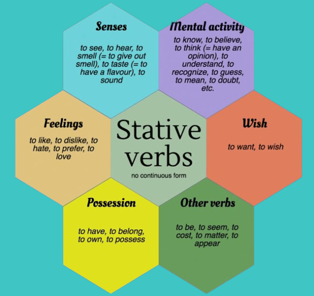 Infografía sobre Stative Verbs en inglés: ejemplos y categorías para entender mejor su uso.