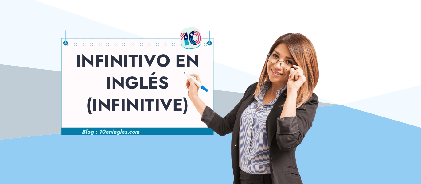 El Infinitivo en Inglés (Infinitive): Guía completa. Mujer sonriente señalando un cartel con el título.